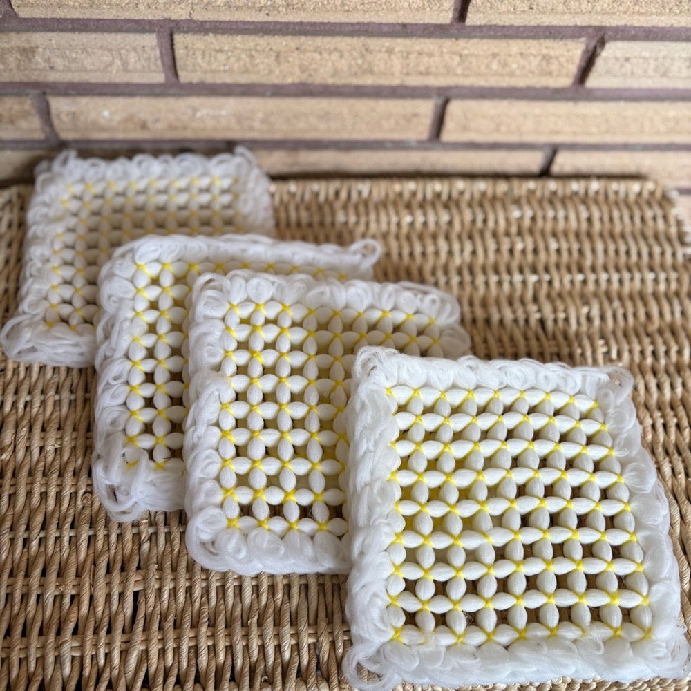 70's Woven Lemon/White Needlework Trivets - 4 - Potholders - 70's Kitchen Decor